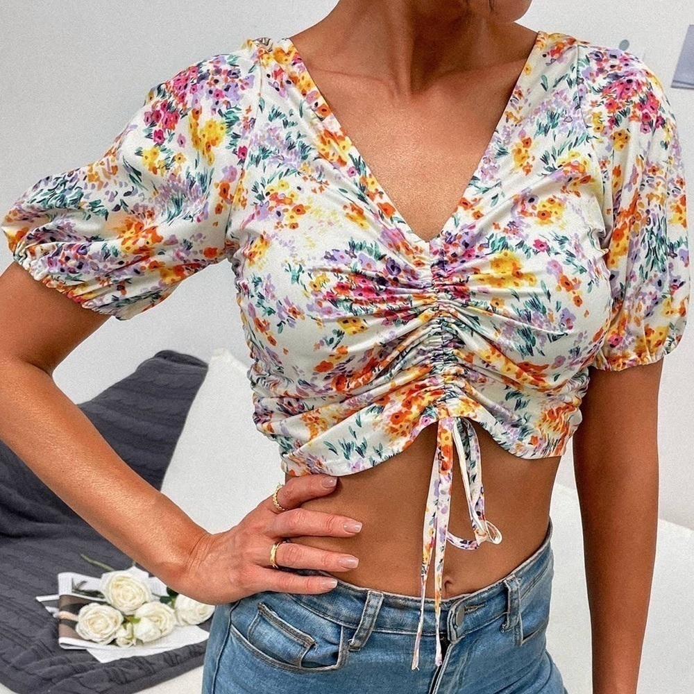 H&M floral peasant front cinch prairie boho Crop Top M